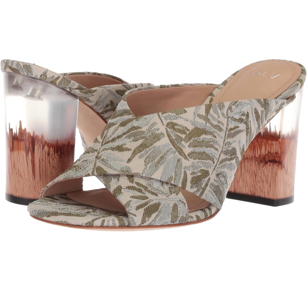 Pour La Victoire Block Heel Sandals with Botanical Print